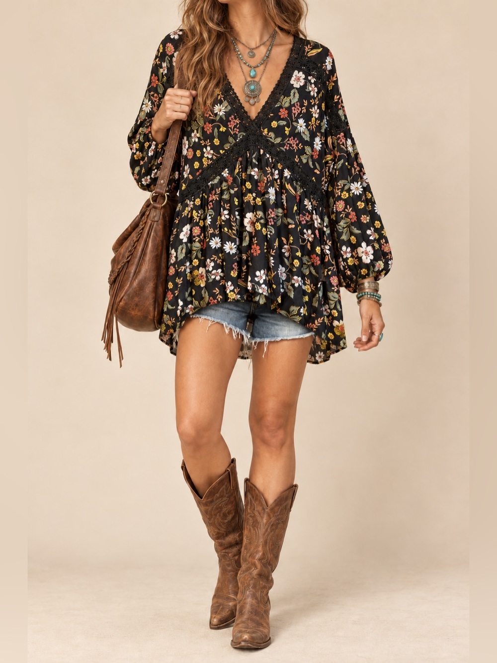 Vintage Nostalgia Black Floral Crochet Lace Boho Tunic Top Size M